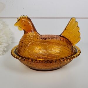 Vintage Amber Glass Hen on Nest Candy Dish, Indiana Glass- Collectible Glass